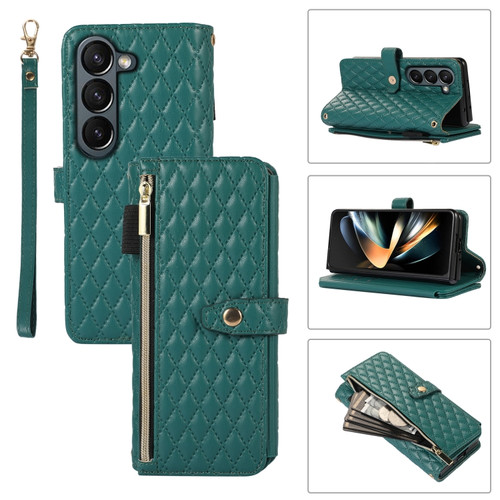 Samsung Galaxy Z Fold5 Crossbody Diamond Lattice Folding Leather Phone Case - Dark Green