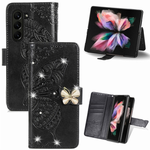 Samsung Galaxy Z Fold5  5G Rhinestones Butterfly Love Flower Embossed Leather Phone Case - Black
