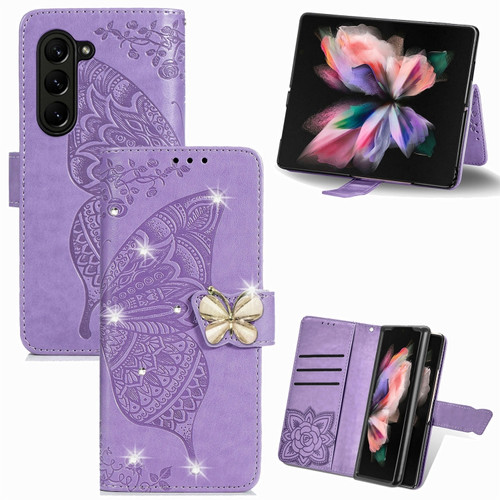 Samsung Galaxy Z Fold5  5G Rhinestones Butterfly Love Flower Embossed Leather Phone Case - Light Purple