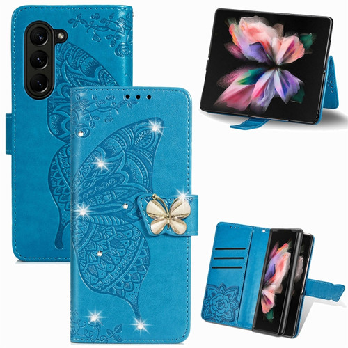 Samsung Galaxy Z Fold5  5G Rhinestones Butterfly Love Flower Embossed Leather Phone Case - Blue