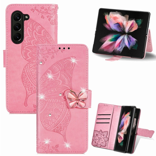 Samsung Galaxy Z Fold5  5G Rhinestones Butterfly Love Flower Embossed Leather Phone Case - Pink