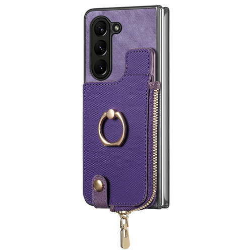 Samsung Galaxy Z Fold5 5G Retro Zipper Wallet Ring Leather Phone Case - Purple