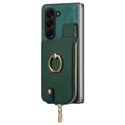 Samsung Galaxy Z Fold5 5G Retro Zipper Wallet Ring Leather Phone Case - Green