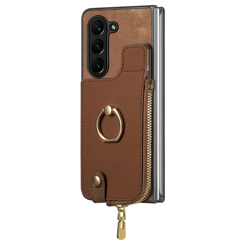 Samsung Galaxy Z Fold5 5G Retro Zipper Wallet Ring Leather Phone Case - Brown
