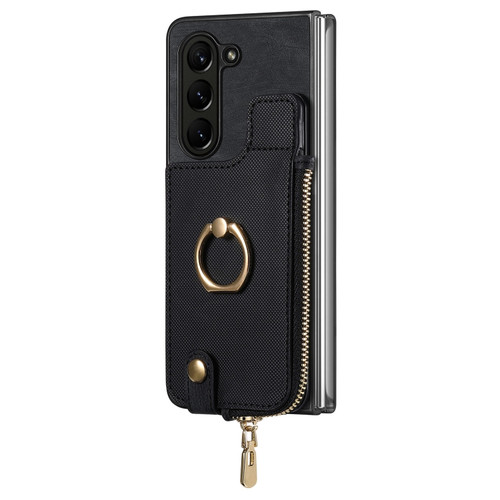 Samsung Galaxy Z Fold5 5G Retro Zipper Wallet Ring Leather Phone Case - Black