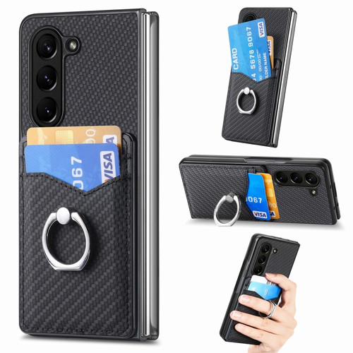 Samsung Galaxy Z Fold5 5G Carbon Fiber Card Wallet Ring Holder Phone Case - Black