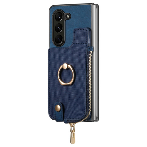 Samsung Galaxy Z Fold5 5G Retro Zipper Wallet Ring Leather Phone Case - Blue
