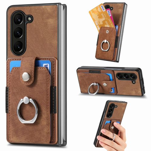 Samsung Galaxy Z Fold5 5G Retro Skin-feel Ring Multi-card Wallet Phone Case - Brown
