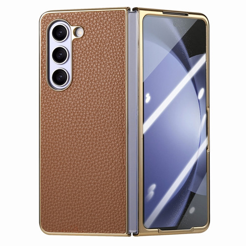 Samsung Galaxy Z Fold5 5G Integrated Film Electroplated Leather Phone Case - Brown