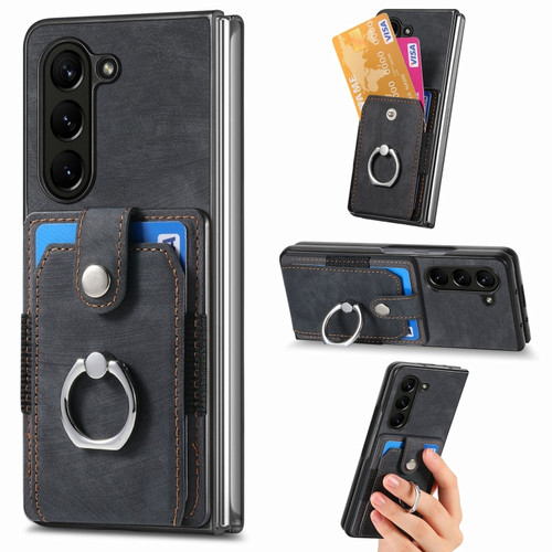 Samsung Galaxy Z Fold5 5G Retro Skin-feel Ring Multi-card Wallet Phone Case - Black