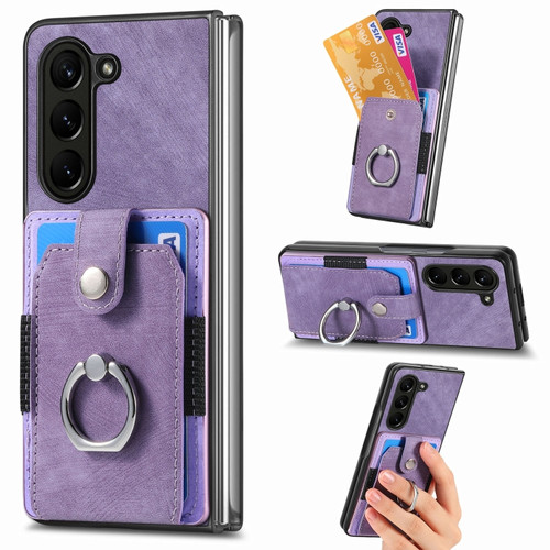 Samsung Galaxy Z Fold5 5G Retro Skin-feel Ring Multi-card Wallet Phone Case - Purple