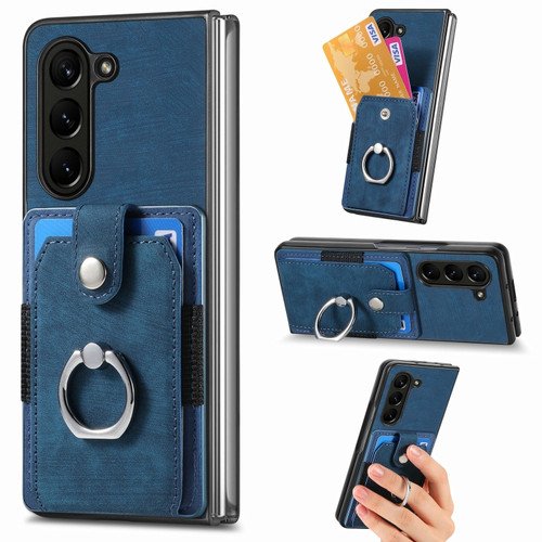 Samsung Galaxy Z Fold5 5G Retro Skin-feel Ring Multi-card Wallet Phone Case - Blue