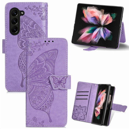 Samsung Galaxy Z Fold5 Butterfly Love Flower Embossed Leather Phone Case - Light Purple