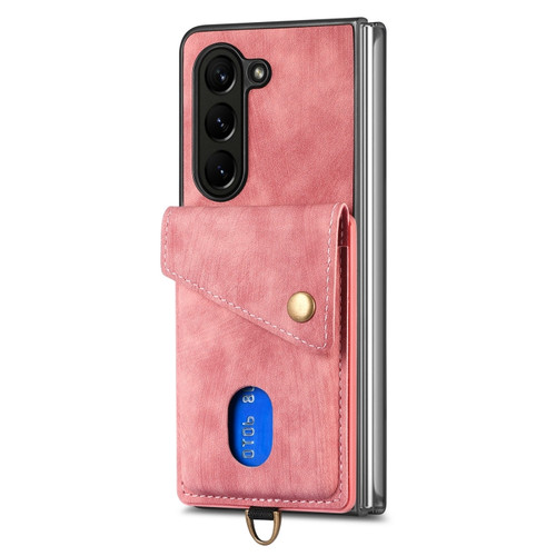 Samsung Galaxy Z Fold5 5G Retro Card Wallet Fold Leather Phone Case with Strap - Pink