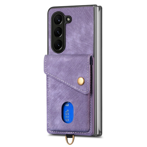 Samsung Galaxy Z Fold5 5G Retro Card Wallet Fold Leather Phone Case with Strap - Purple