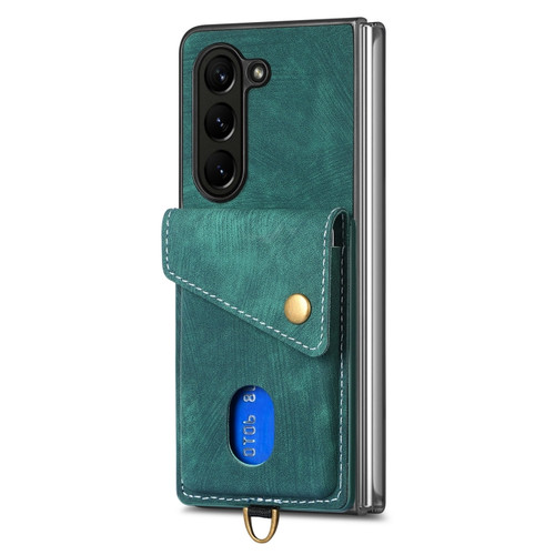 Samsung Galaxy Z Fold5 5G Retro Card Wallet Fold Leather Phone Case with Strap - Green