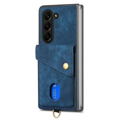 Samsung Galaxy Z Fold5 5G Retro Card Wallet Fold Leather Phone Case with Strap - Bule