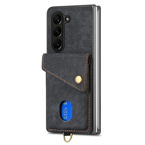 Samsung Galaxy Z Fold5 5G Retro Card Wallet Fold Leather Phone Case with Strap - Black