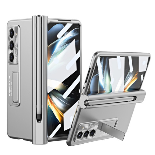 Samsung Galaxy Z Fold5 Electroplating Corrugated Hinge Folding Phone Case with Pen Slot - Silver