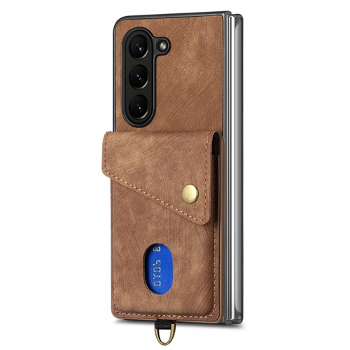 Samsung Galaxy Z Fold5 5G Retro Card Wallet Fold Leather Phone Case with Strap - Brown