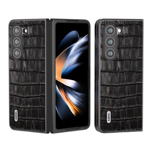 Samsung Galaxy Z Fold5 ABEEL Crocodile Texture Genuine Leather Phone Case - Black