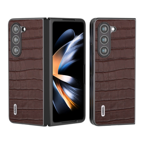 Samsung Galaxy Z Fold5 ABEEL Crocodile Texture Genuine Leather Phone Case - Brown