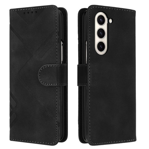 Samsung Galaxy Z Fold5 Line Pattern Skin Feel Leather Phone Case - Black