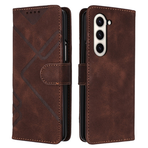 Samsung Galaxy Z Fold5 Line Pattern Skin Feel Leather Phone Case - Coffee