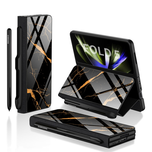 Samsung Galaxy Z Fold5 GKK Painted Tempered Glass Flip Leather Phone Case with Pen Slot - Gold Line Black