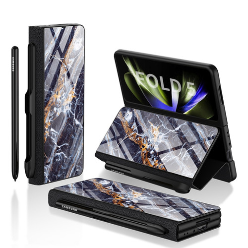 Samsung Galaxy Z Fold5 GKK Painted Tempered Glass Flip Leather Phone Case with Pen Slot - Marble 03