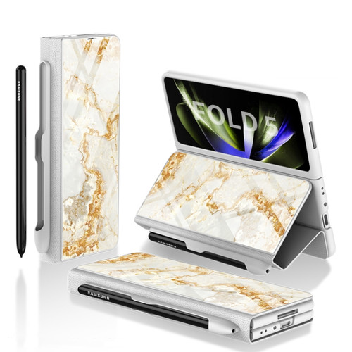 Samsung Galaxy Z Fold5 GKK Painted Tempered Glass Flip Leather Phone Case with Pen Slot - Gold Line Silver