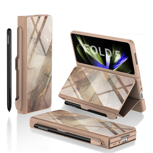 Samsung Galaxy Z Fold5 GKK Painted Tempered Glass Flip Leather Phone Case with Pen Slot - Champagne