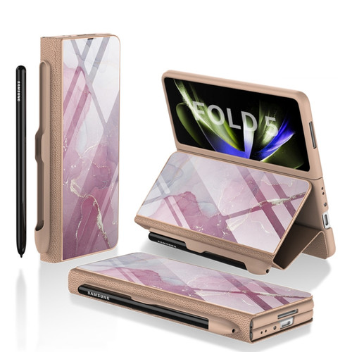 Samsung Galaxy Z Fold5 GKK Painted Tempered Glass Flip Leather Phone Case with Pen Slot - Purple Pink