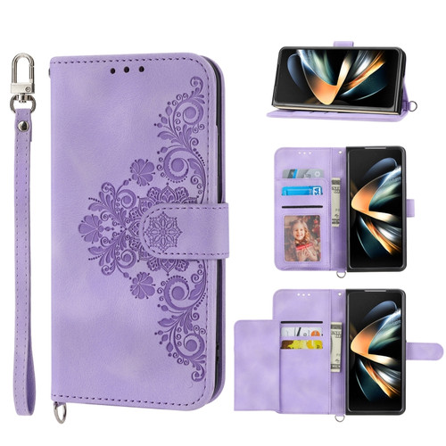 Samsung Galaxy Z Fold5 Skin Feel Flowers Embossed Wallet Leather Phone Case - Purple