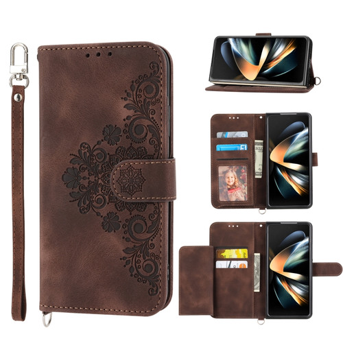 Samsung Galaxy Z Fold5 Skin Feel Flowers Embossed Wallet Leather Phone Case - Brown