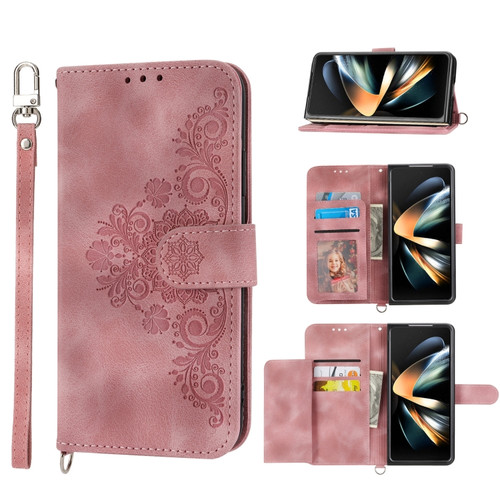 Samsung Galaxy Z Fold5 Skin Feel Flowers Embossed Wallet Leather Phone Case - Pink