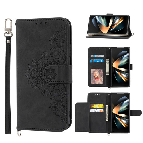 Samsung Galaxy Z Fold5 Skin Feel Flowers Embossed Wallet Leather Phone Case - Black