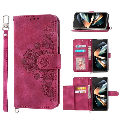 Samsung Galaxy Z Fold5 Skin Feel Flowers Embossed Wallet Leather Phone Case - Wine Red