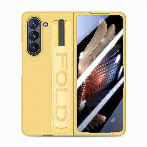 Samsung   Galaxy Z Fold5 5G Integrated Film Wrist Grip Leather Phone Case with Pen Slot - Yellow