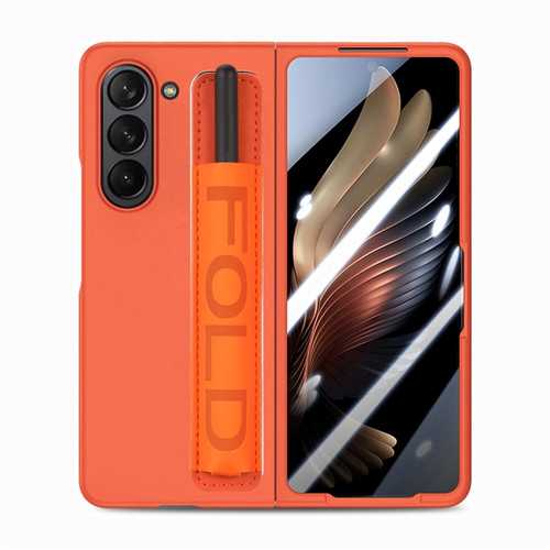 Samsung   Galaxy Z Fold5 5G Integrated Film Wrist Grip Leather Phone Case with Pen Slot - Orange