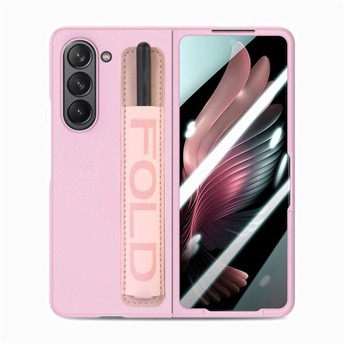 Samsung   Galaxy Z Fold5 5G Integrated Film Wrist Grip Leather Phone Case with Pen Slot - Pink