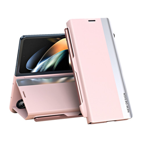 Samsung Galaxy Z Fold 5   5G Side Electroplating Adsorption Ultra-thin Leather Phone Case with Pen - Pink