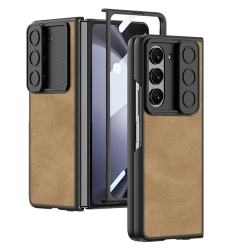 Samsung Galaxy Z Fold5 GKK Integrated Ultra-thin Sliding Camshield Plain Leather Phone Case - Brown