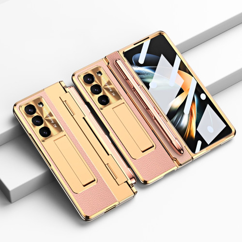 Samsung Galaxy Z Fold5 5G Integrated Full Coverage Pen Slot Folding Phone Case with Stylus - Gold+Pink