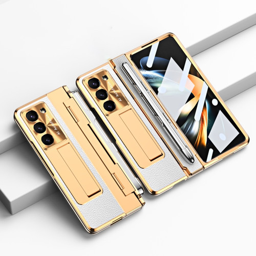 Samsung Galaxy Z Fold5 5G Integrated Full Coverage Pen Slot Folding Phone Case with Stylus - Gold+White