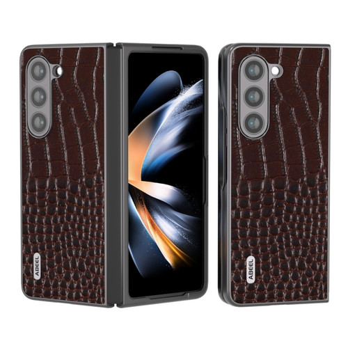 Samsung Galaxy Z Fold5 ABEEL Genuine Leather Crocodile Pattern Black Edge Phone Case - Coffee
