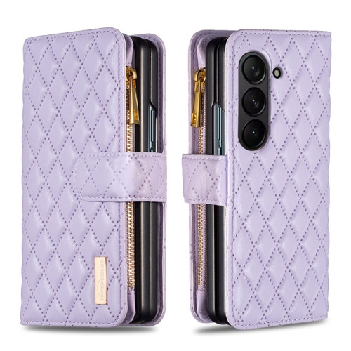 Samsung Galaxy Z Fold5 Diamond Lattice Zipper Wallet Leather Flip Phone Case - Purple