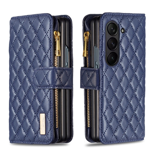 Samsung Galaxy Z Fold5 Diamond Lattice Zipper Wallet Leather Flip Phone Case - Blue