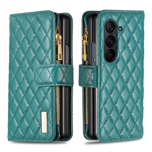 Samsung Galaxy Z Fold5 Diamond Lattice Zipper Wallet Leather Flip Phone Case - Green