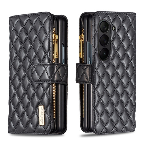 Samsung Galaxy Z Fold5 Diamond Lattice Zipper Wallet Leather Flip Phone Case - Black